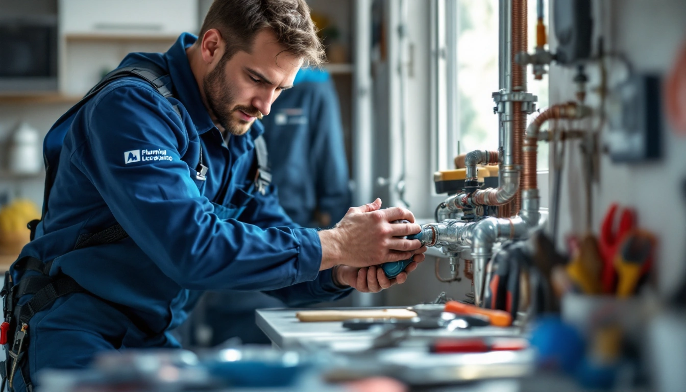 Plombier chauffagiste professionnel RGE installant une pompe à chaleur moderne dans un intérieur contemporain
